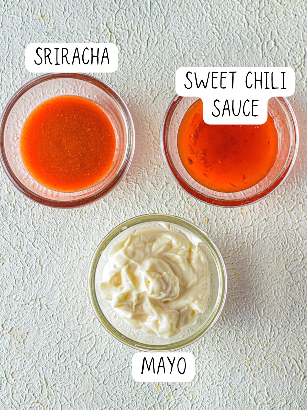 bang bang sauce ingredients, including chili sauce, mayo and sriracha