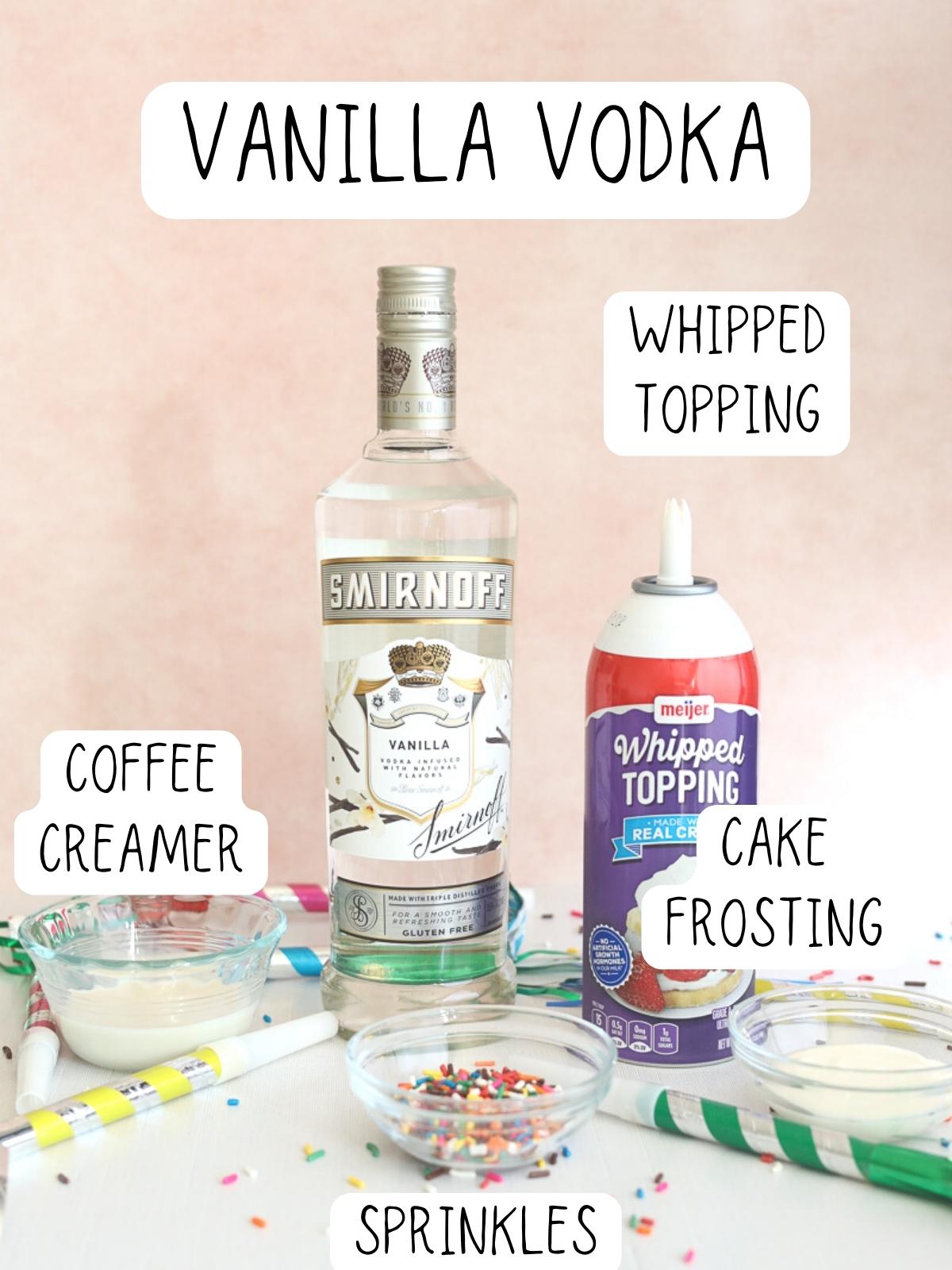 ingredients for birthday cake shots, including vanilla vodka, creamer, sprinkles