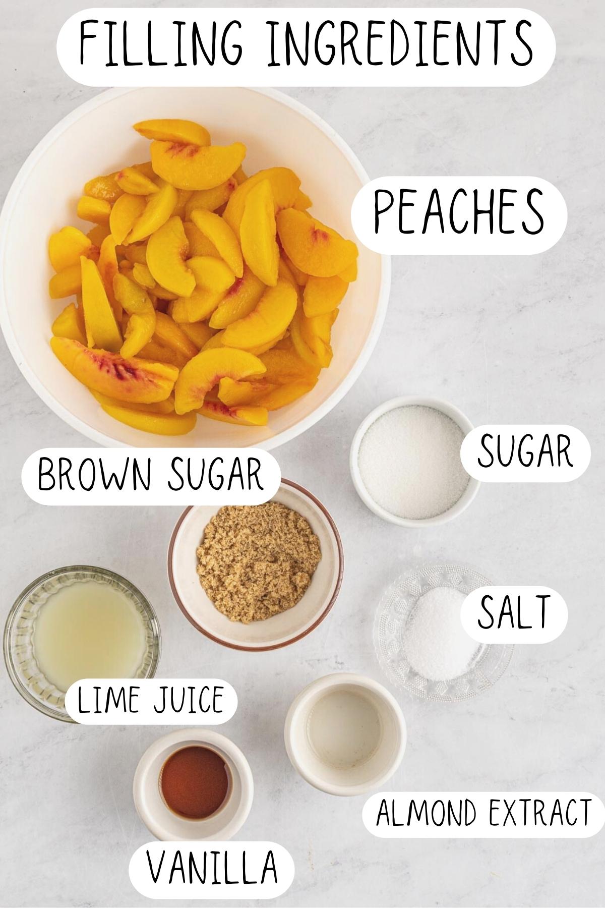 peach cobbler filling ingredients including peaches, brown sugar, sugar, vanilla, lime juice, salt