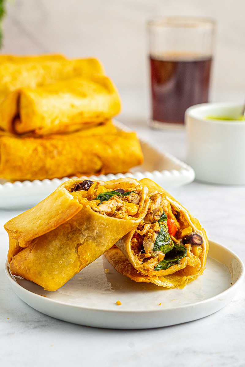 fried southwest egg roll with spinach, corn, black beans, and red peppers