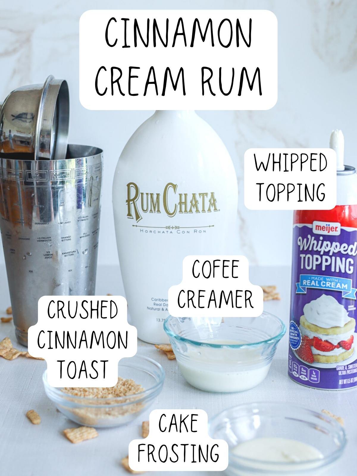 ingredients for Cinnamon Toast Crunch shots, including Rum Chata, whipped topping, frosting, and Cinnamon Toast Crunch cereal