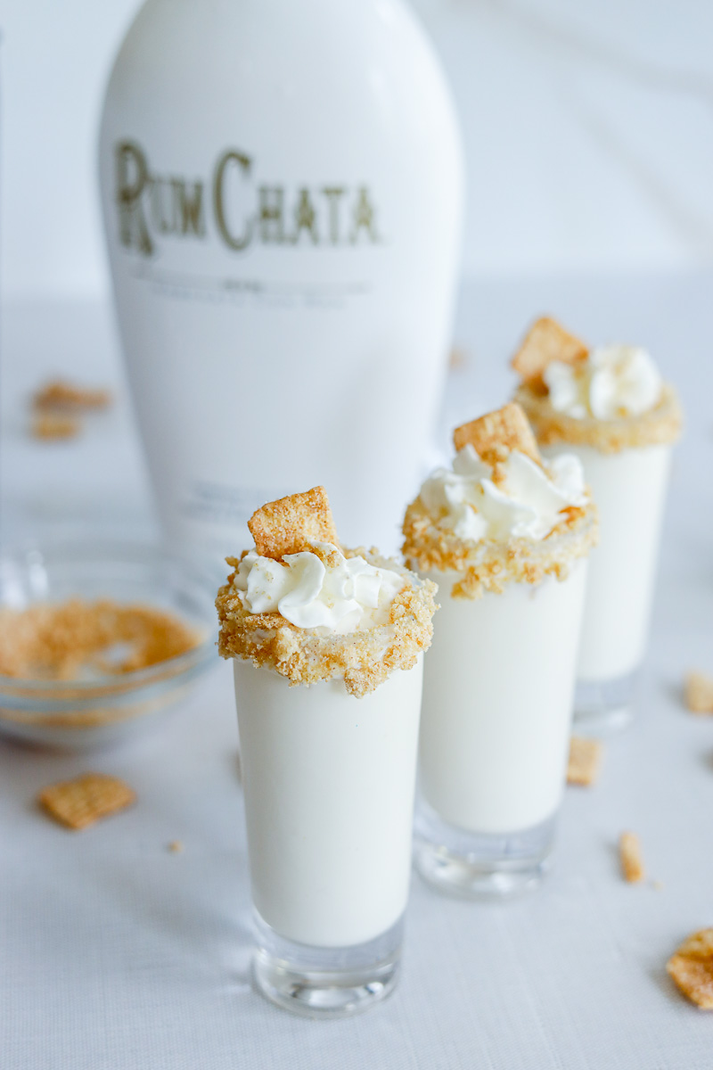 shots with cinnamon toast crunch cereal and topped with whipped cream