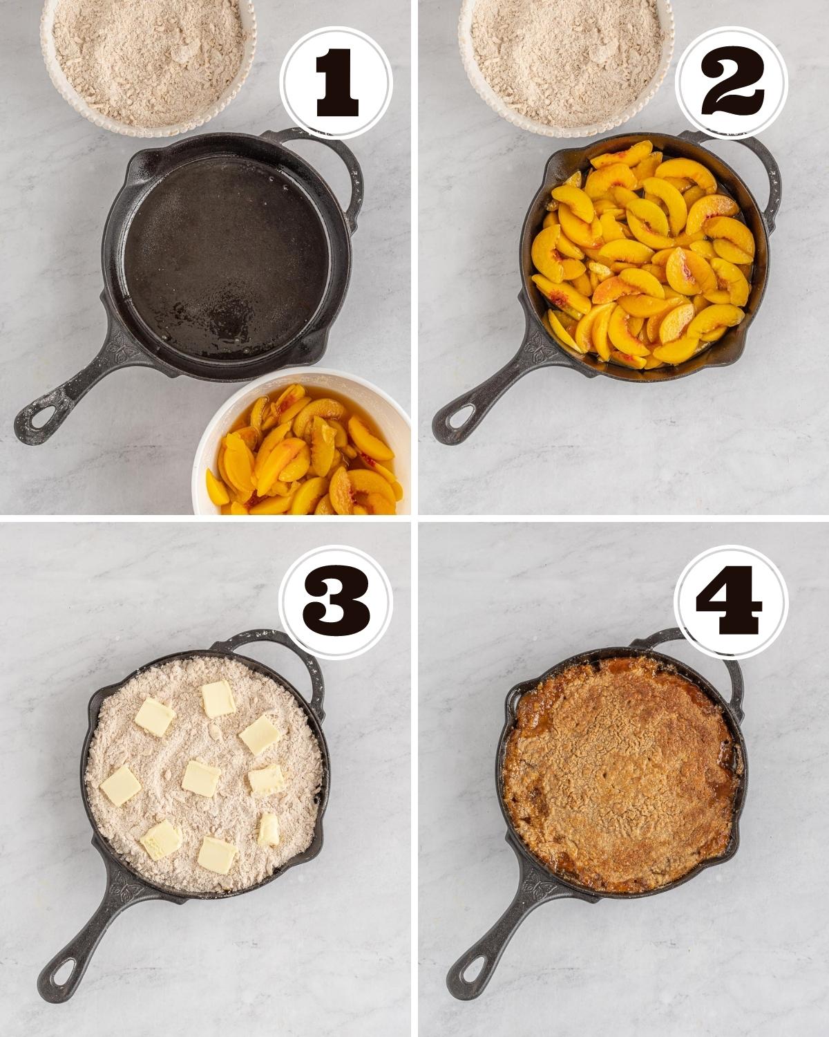 step by step instructions for easy cake mix peach cobbler in a cast iron skillet
