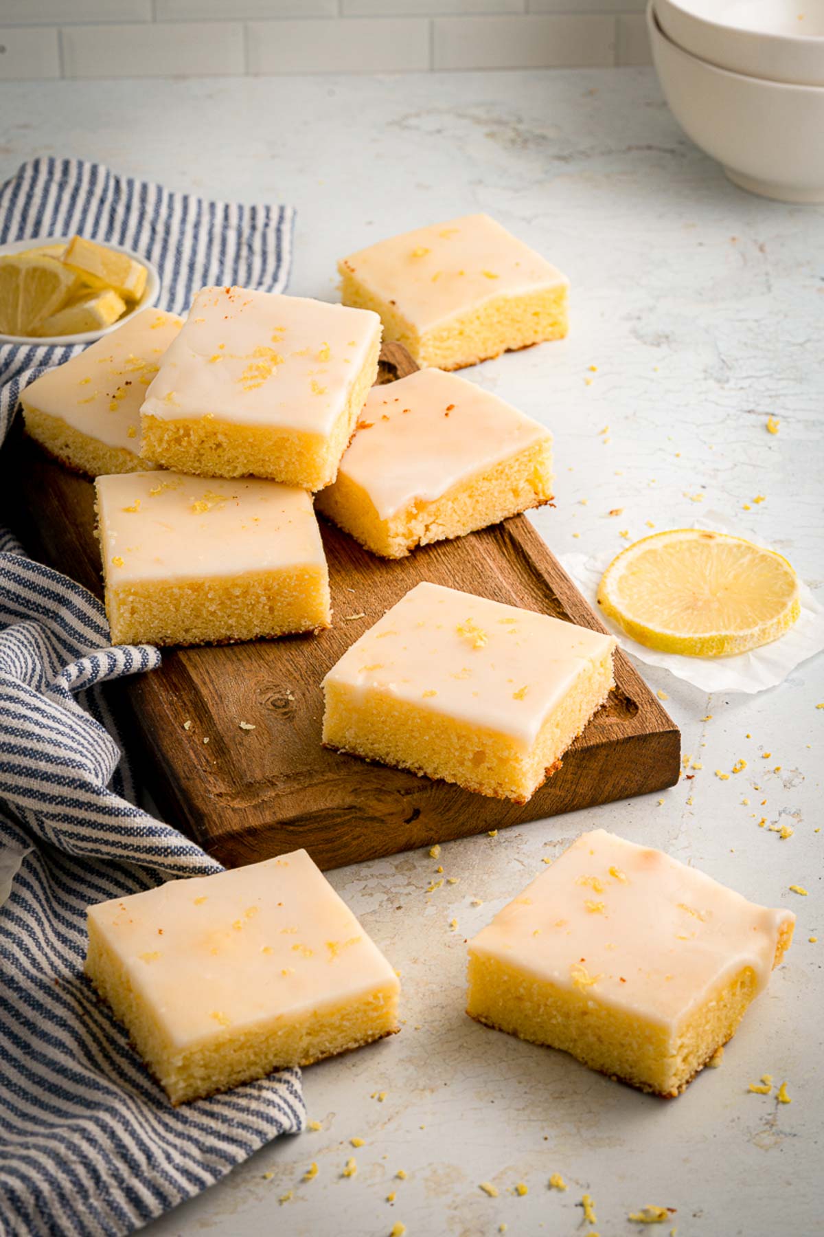 glazed lemon brownies on a countertop