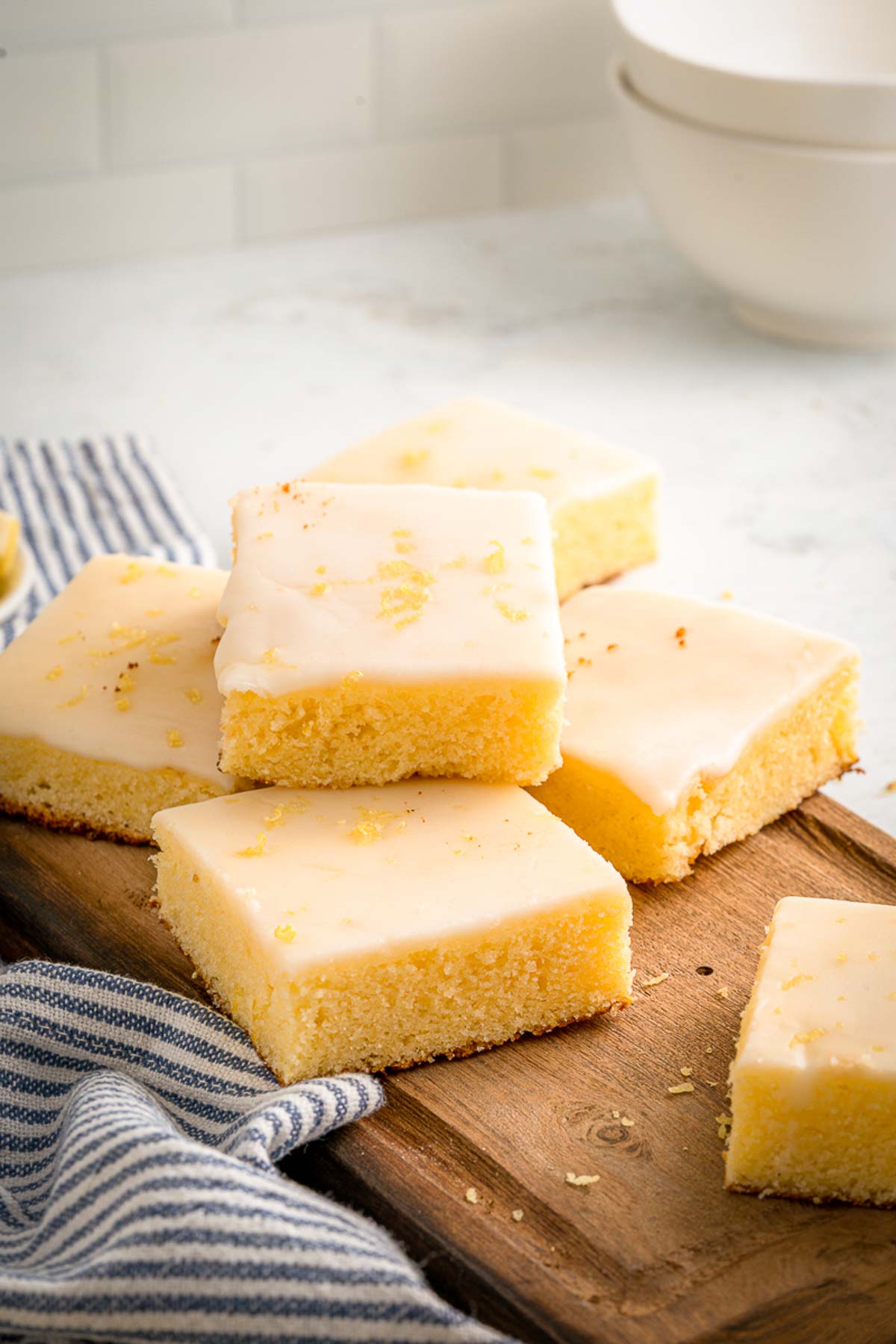 lemon brownies with a striped linen