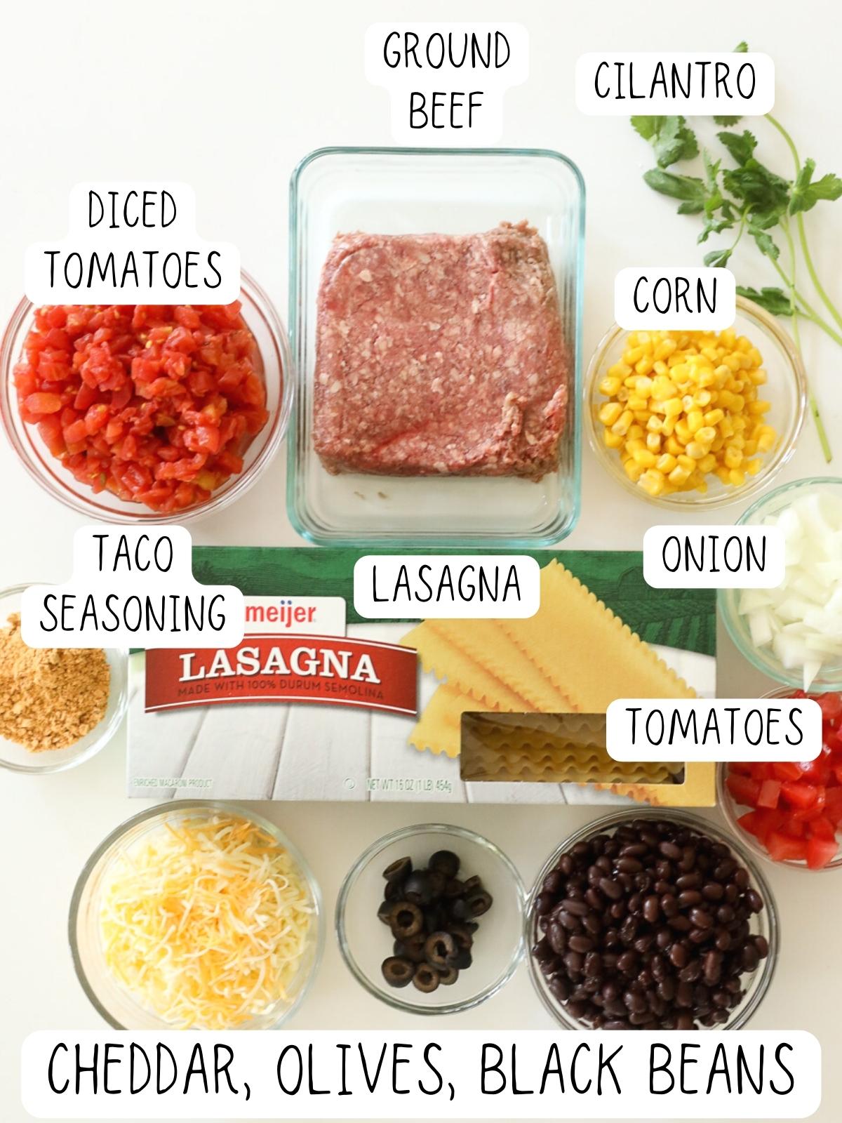 ingredients for Mexican lasagna recipe, including corn, diced tomatoes, cilantro, ground beef, lasagna noodles, taco seasoning and black beans
