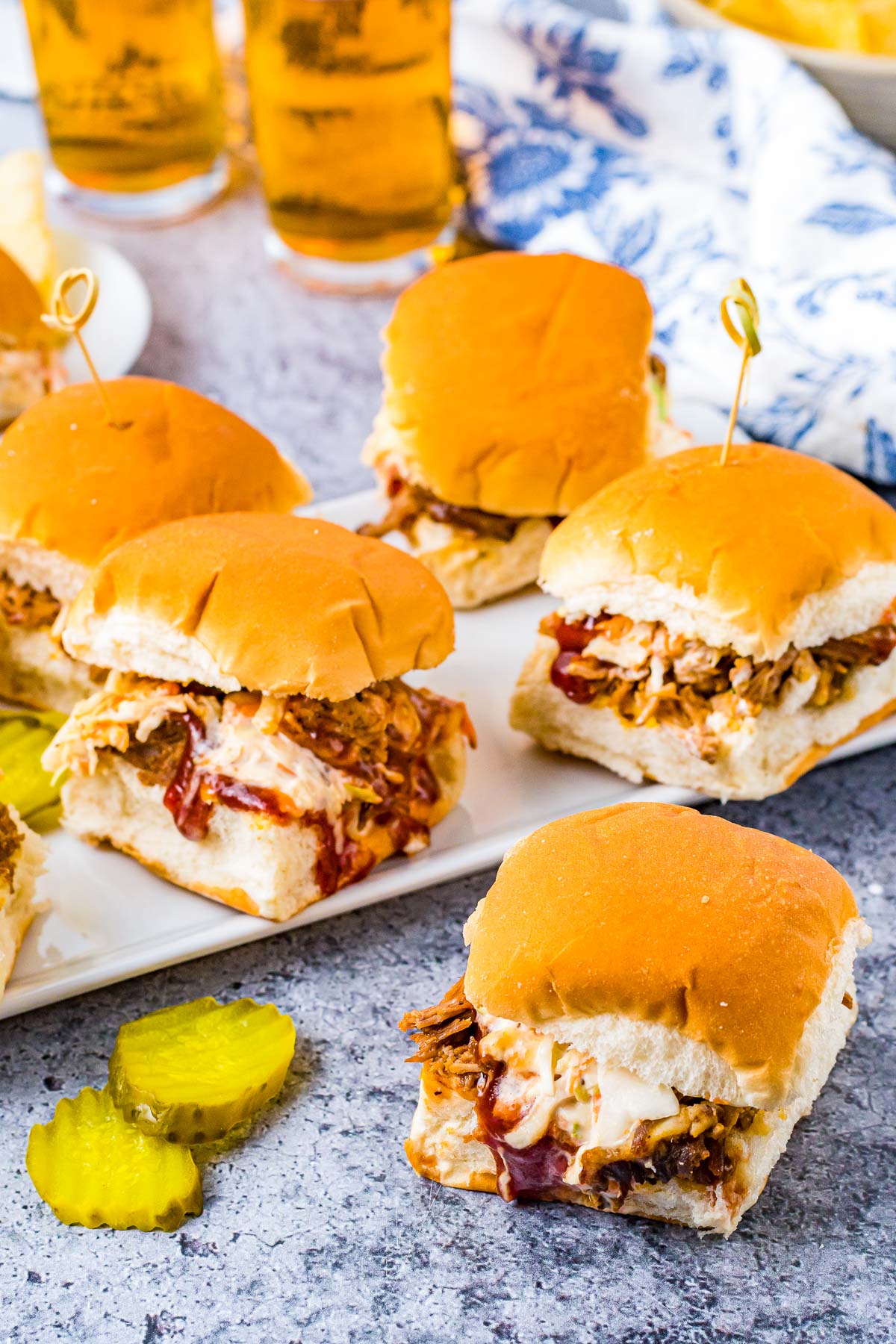 pulled pork slider sandwiches with BBQ sauce and coleslaw