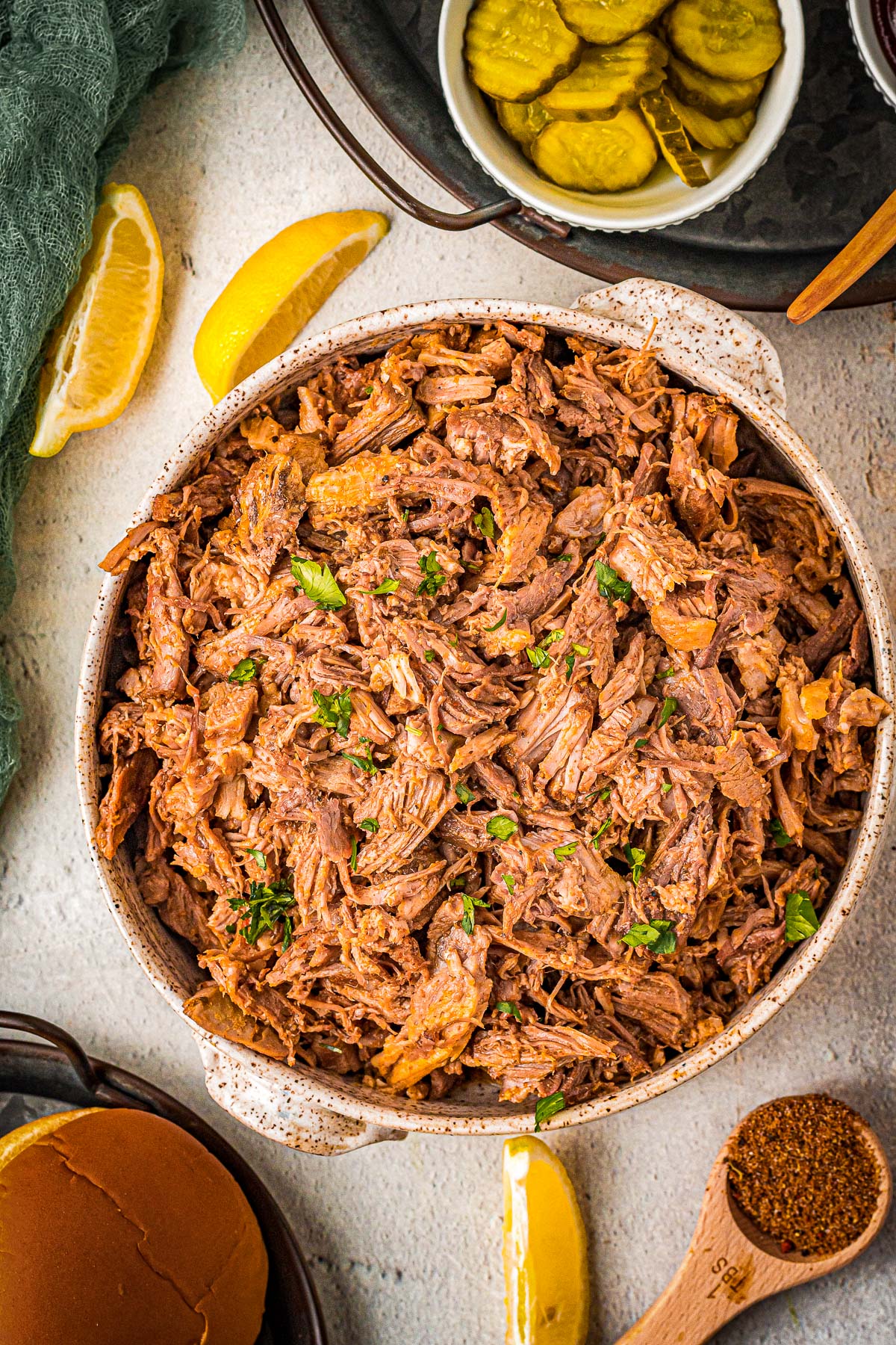 slow cooker pork with lemon and cilantro garnish