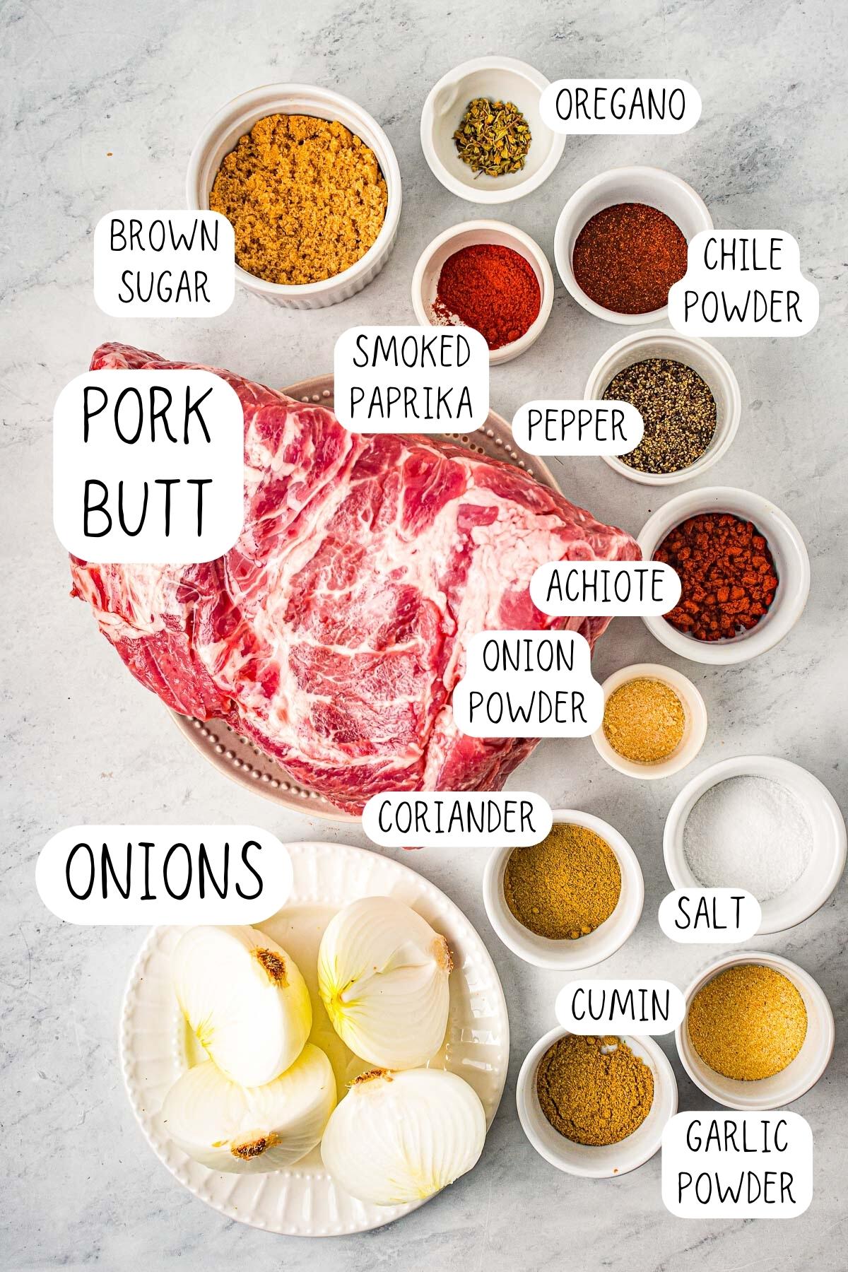 ingredients for slow cooker carnitas, including pepper, paprika, pork butt, brown sugar, oregano and coriander