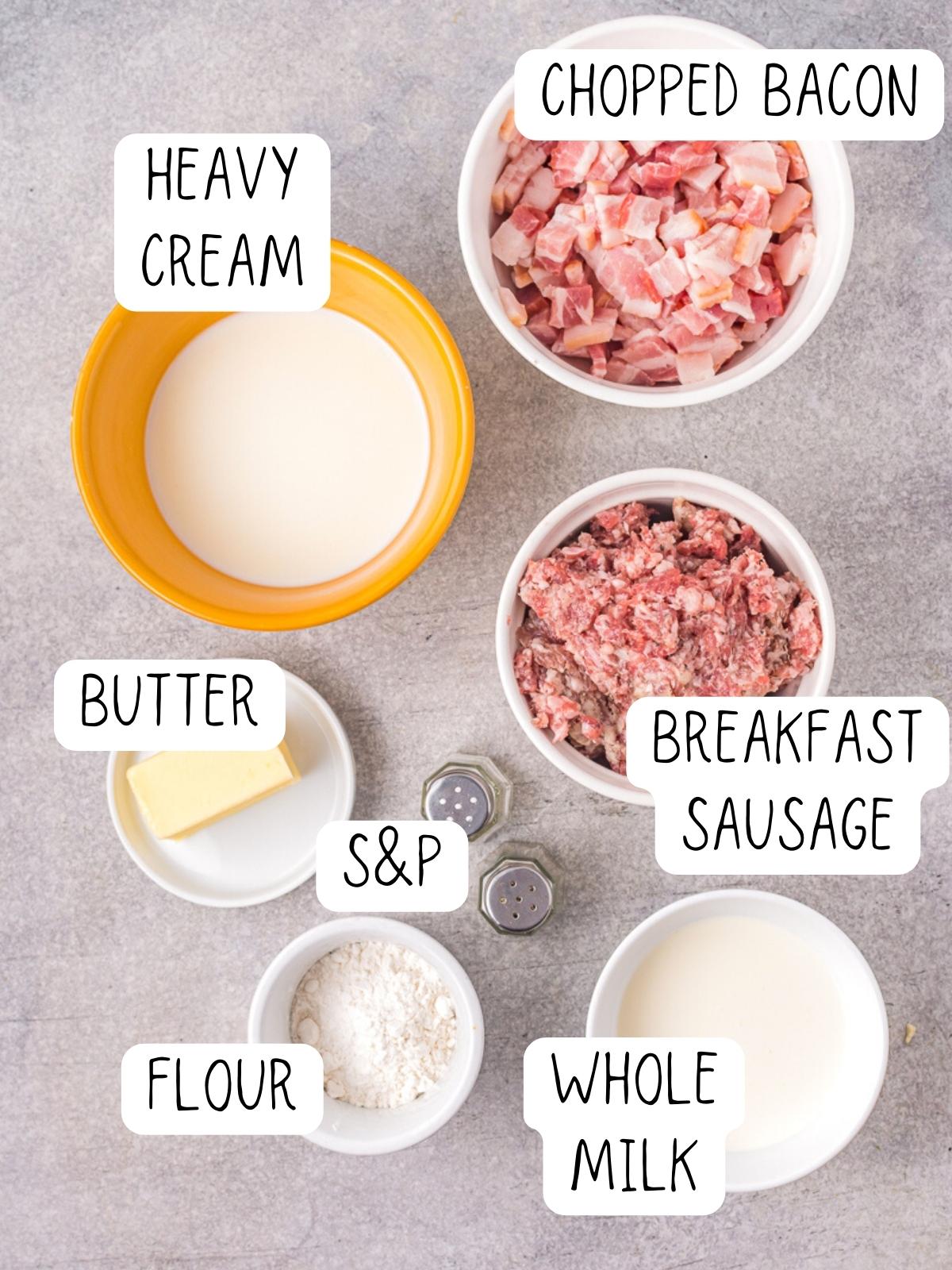 ingredients for Southern white gravy, including bacon/sausage, heavy cream, flour, butter, whole milk, salt and pepper