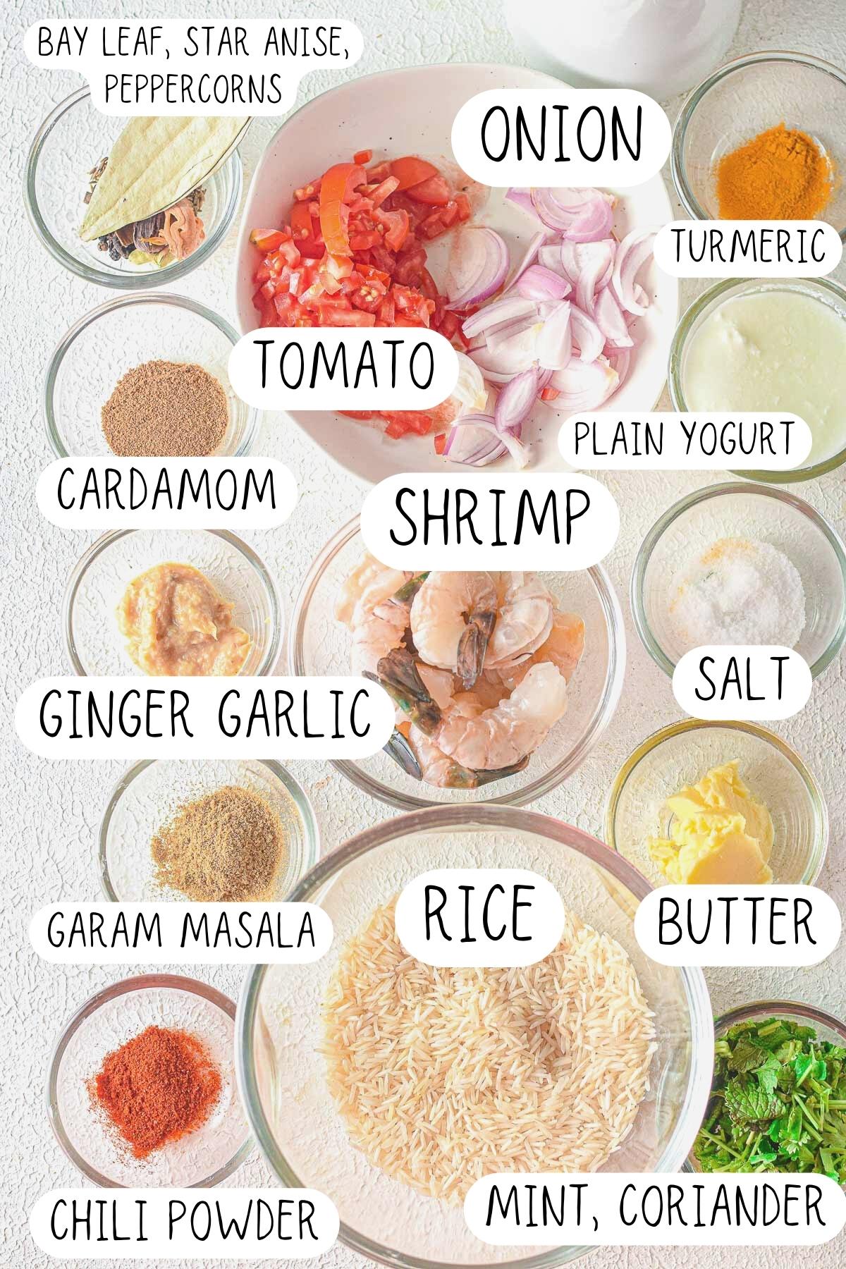 ingredients for shrimp biryani, including rice, onion, tomato, yogurt, turmeric, peppercorns, anise, cardamom, butter