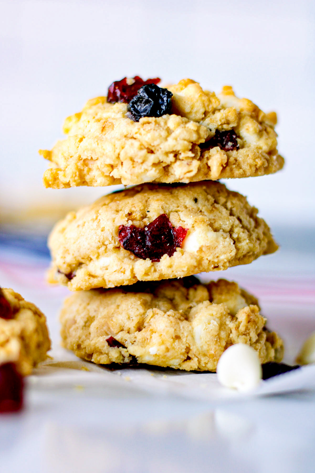 stack of oatmeal blueberry white chocolate cookies