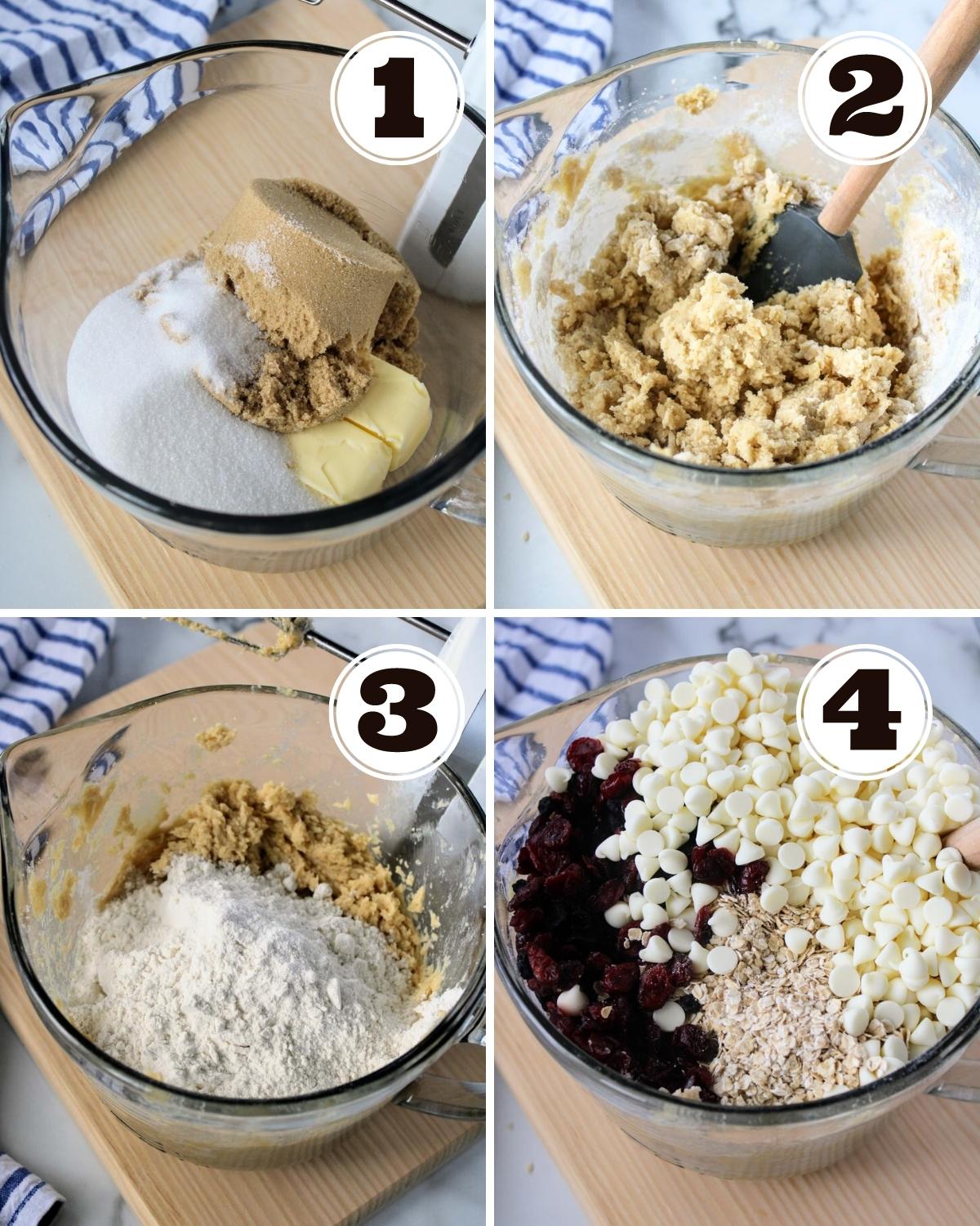 four pictures showing how to make blueberry white chocolate cookies