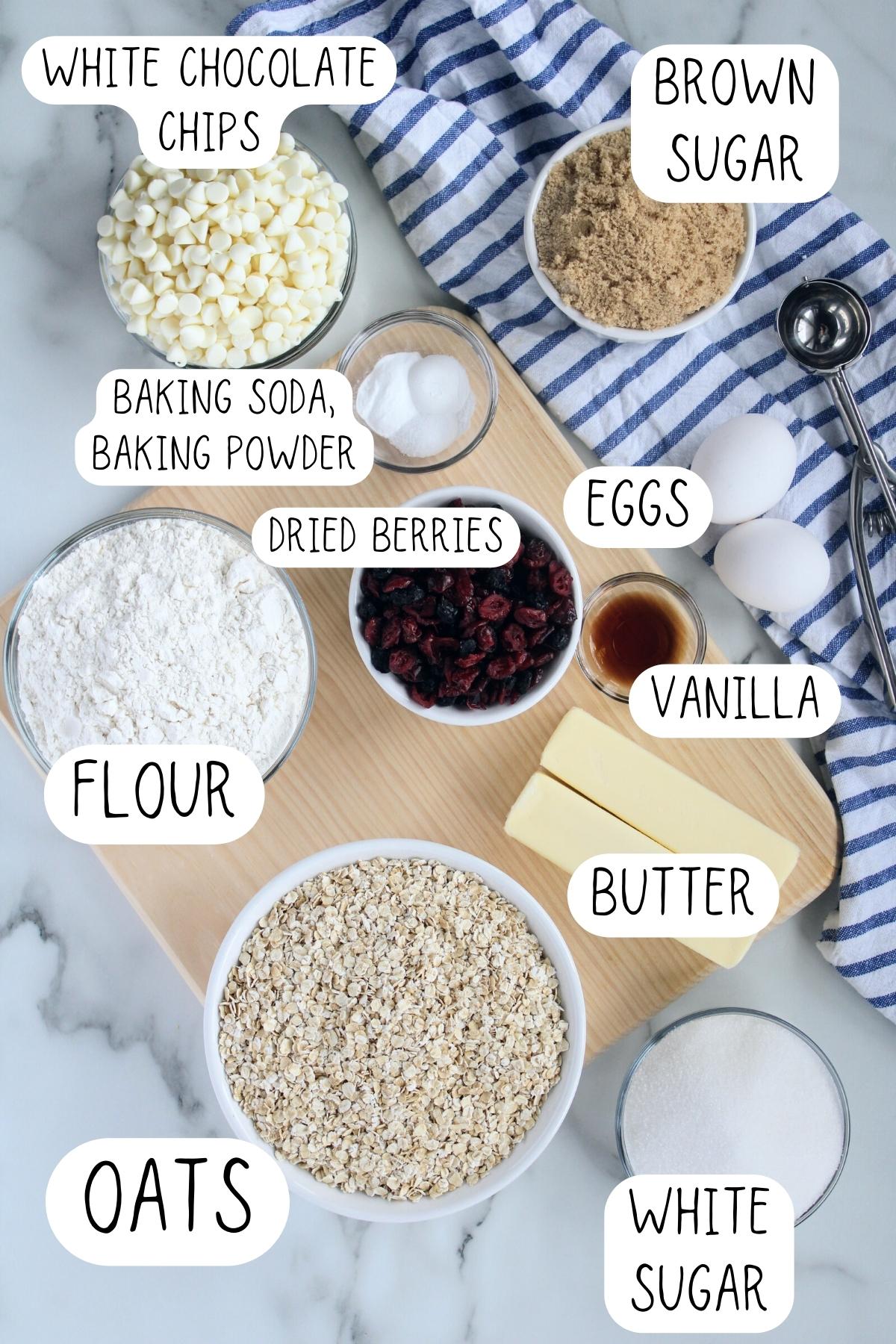 ingredients for white chocolate blueberry cookies