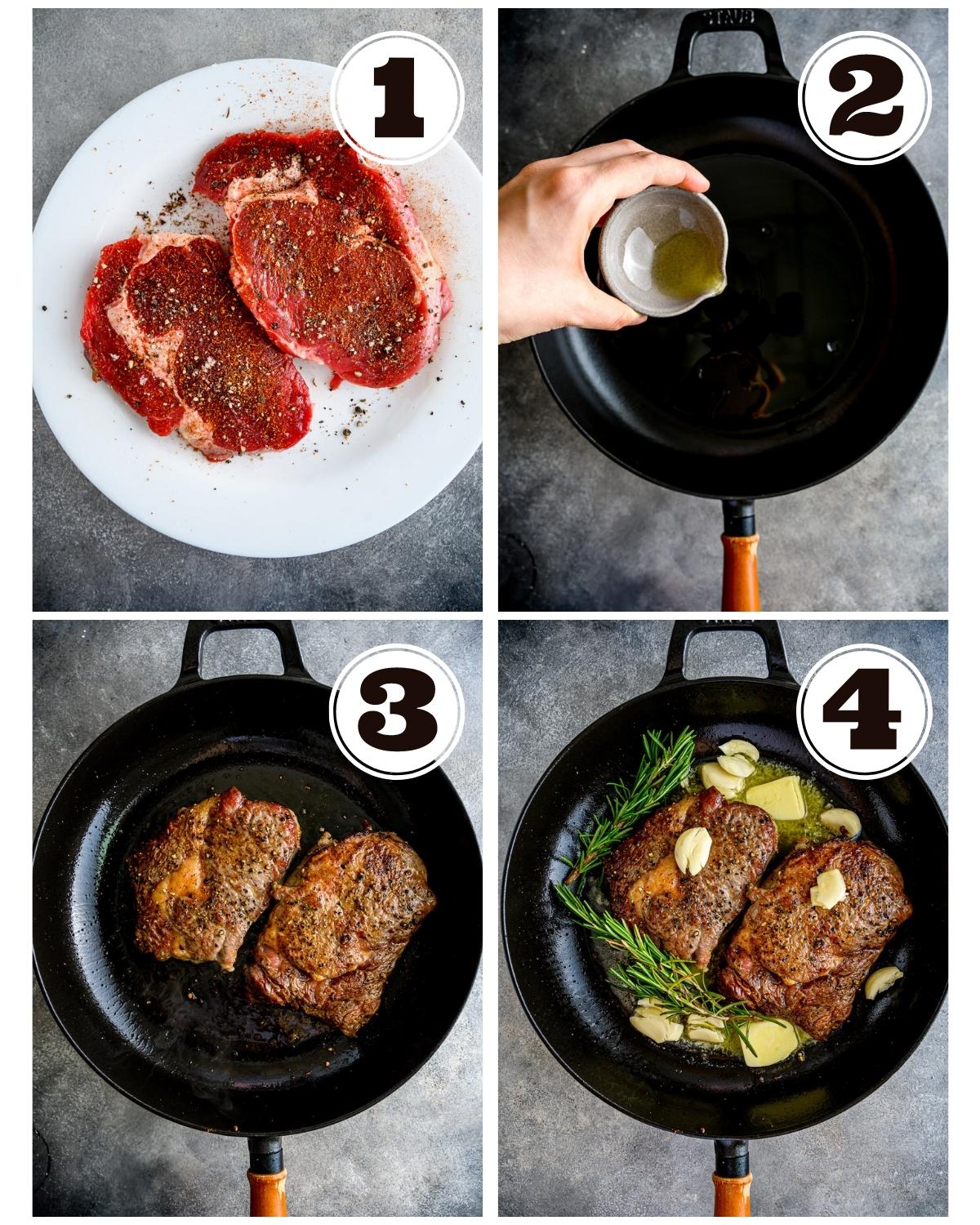 steps to make a ribeye steak in a cast iron skillet