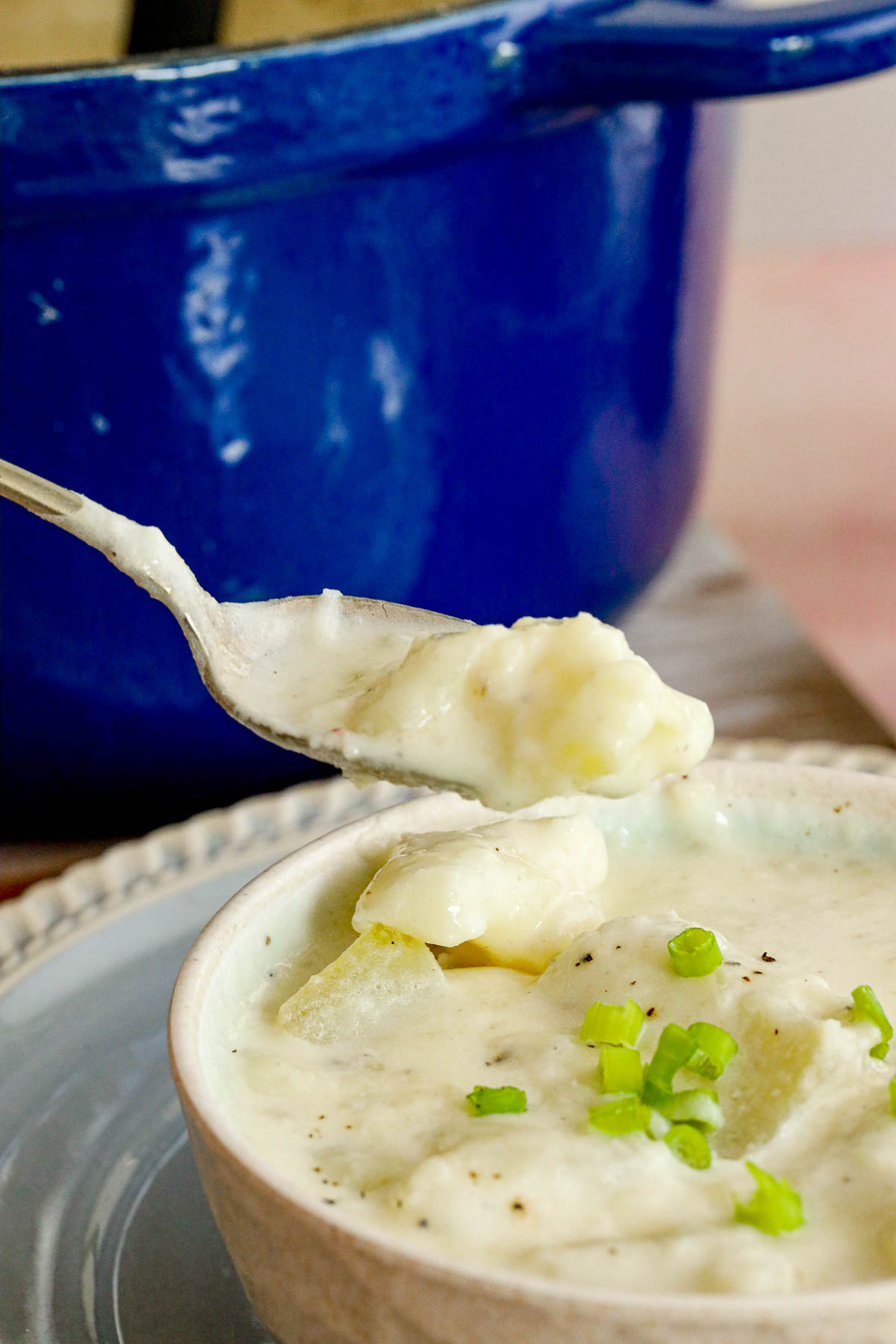 potato soup with chopped green onion as garnish