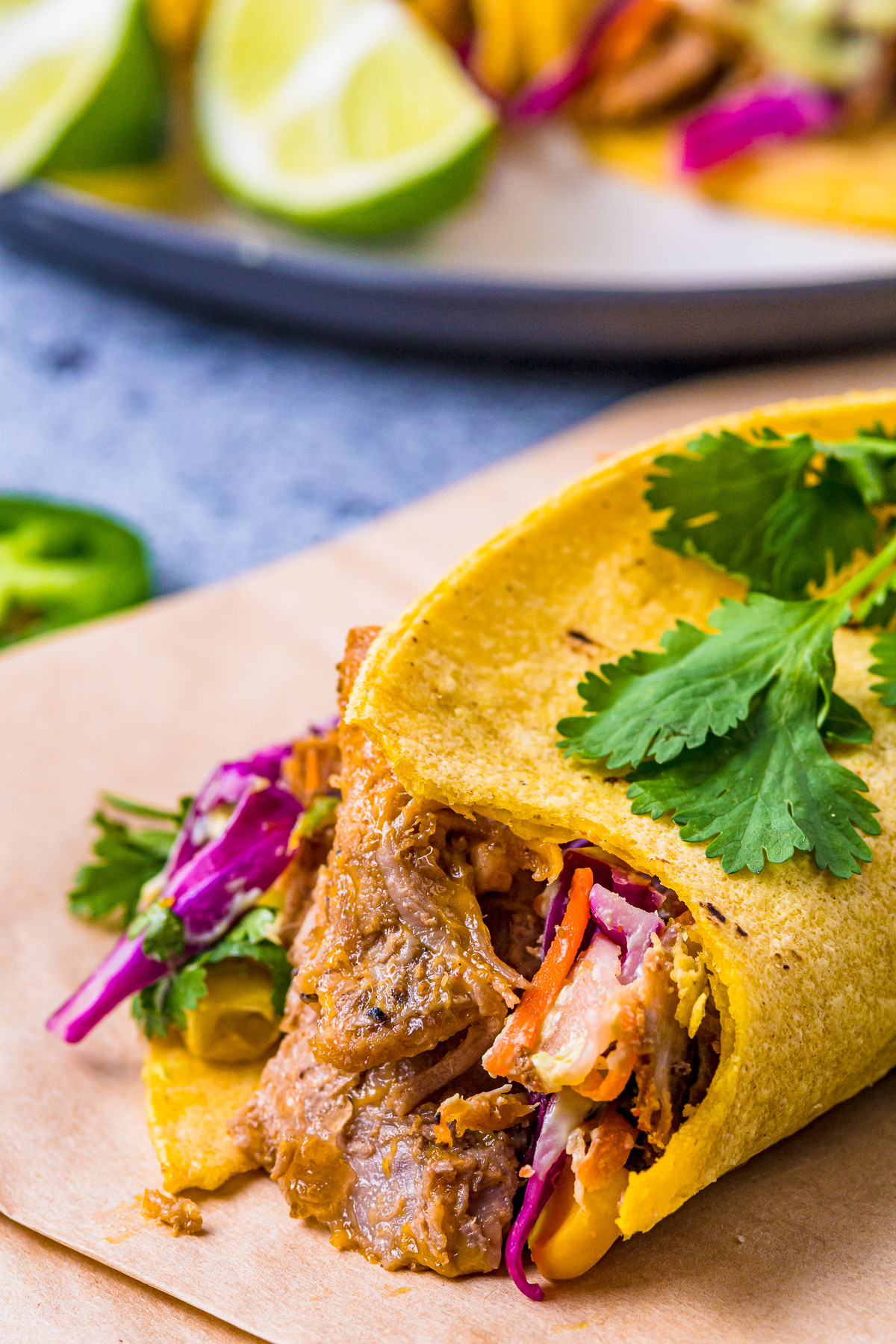 taco with pulled pork, red onion, and slaw garnished with cilantro