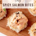 salmon cake bites on a wooden chopping board